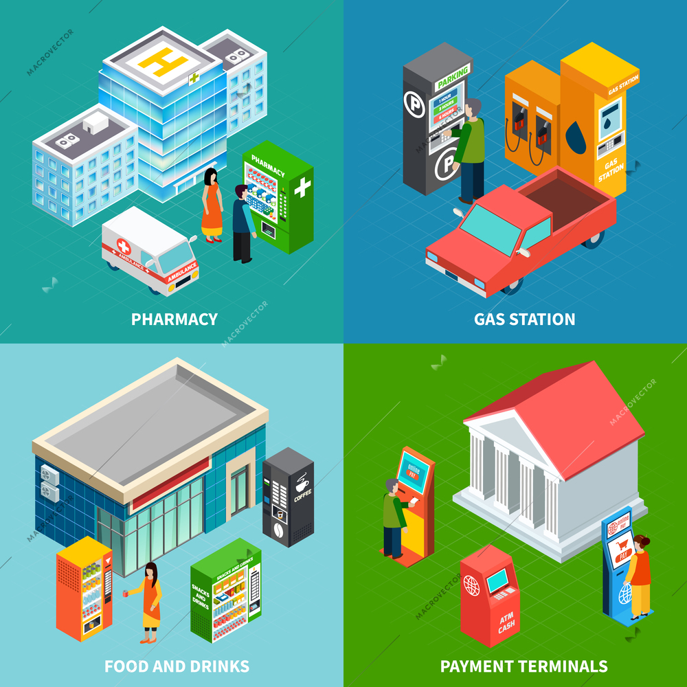 Colorful isometric set of 2x2 icons with payment terminals and vending machines selling food drinks and pharmaceuticals 3d isometric vector illustration