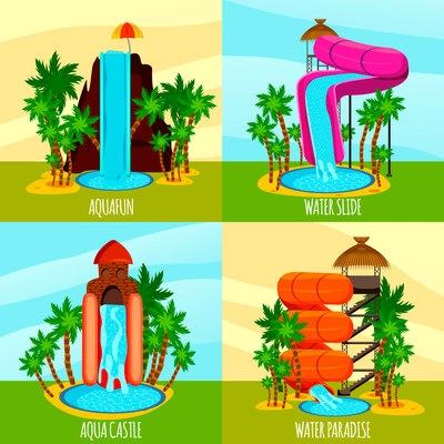 Aqua park flat design concept with theme water slides pools and palm trees isolated vector illustration