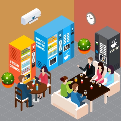 People having rest at cafe with vending machines selling hot coffee soft drinks and snacks 3d isometric vector illustration