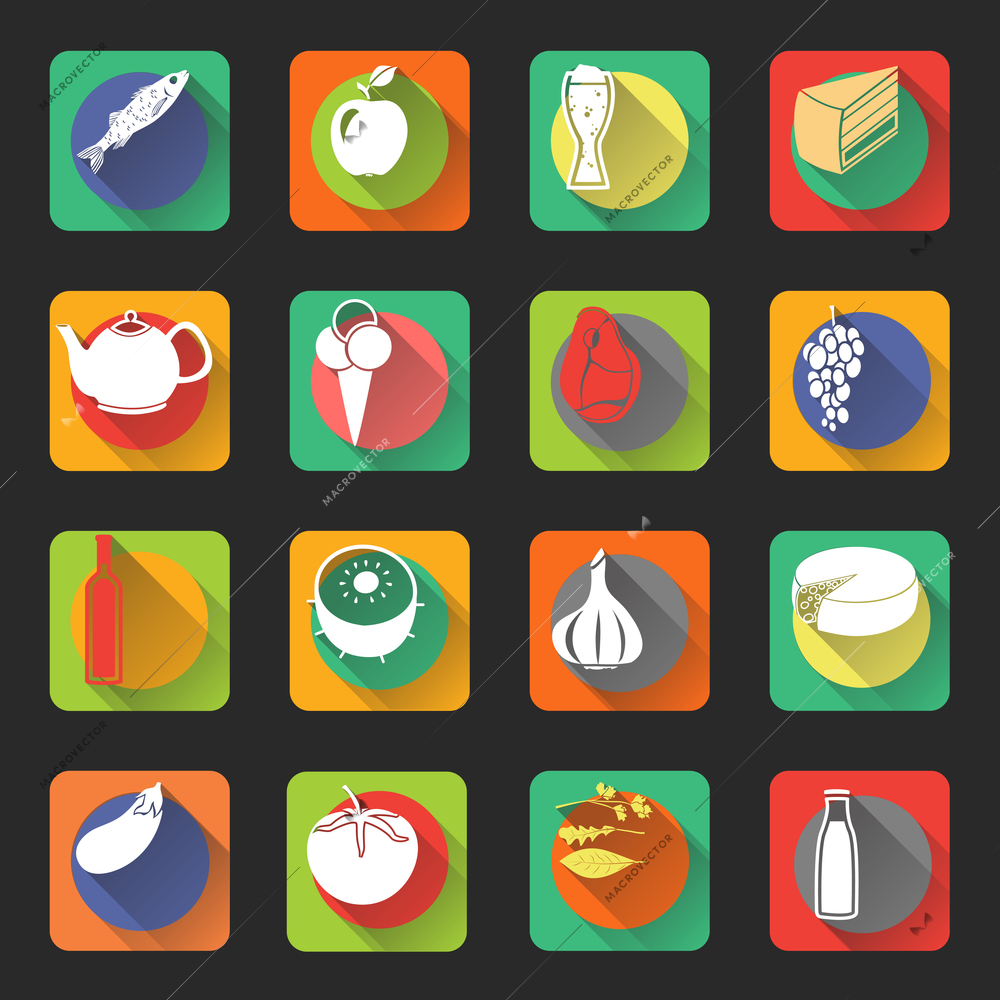 Food flat icons set of fish drink bottles and vegetables isolated vector illustration