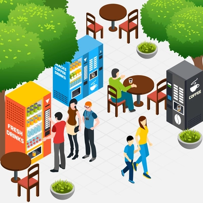 Isometric composition with outdoor cafe and people buying coffee and snacks in vending machines 3d vector illustration