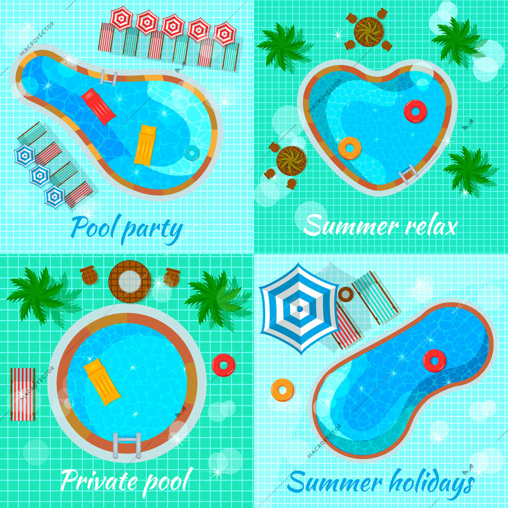 Swimming pools with accessories for various destination top view flat design concept isolated vector illustration