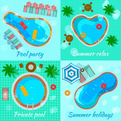 Swimming pools with accessories for various destination top view flat design concept isolated vector illustration