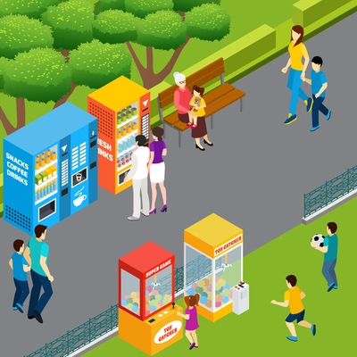 Adults and children using vending machines and toy catchers walking and playing in park 3d isometric vector illustration