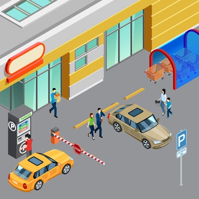 Colorful isometric composition with vending machine on parking zone near shopping center 3d vector illustration