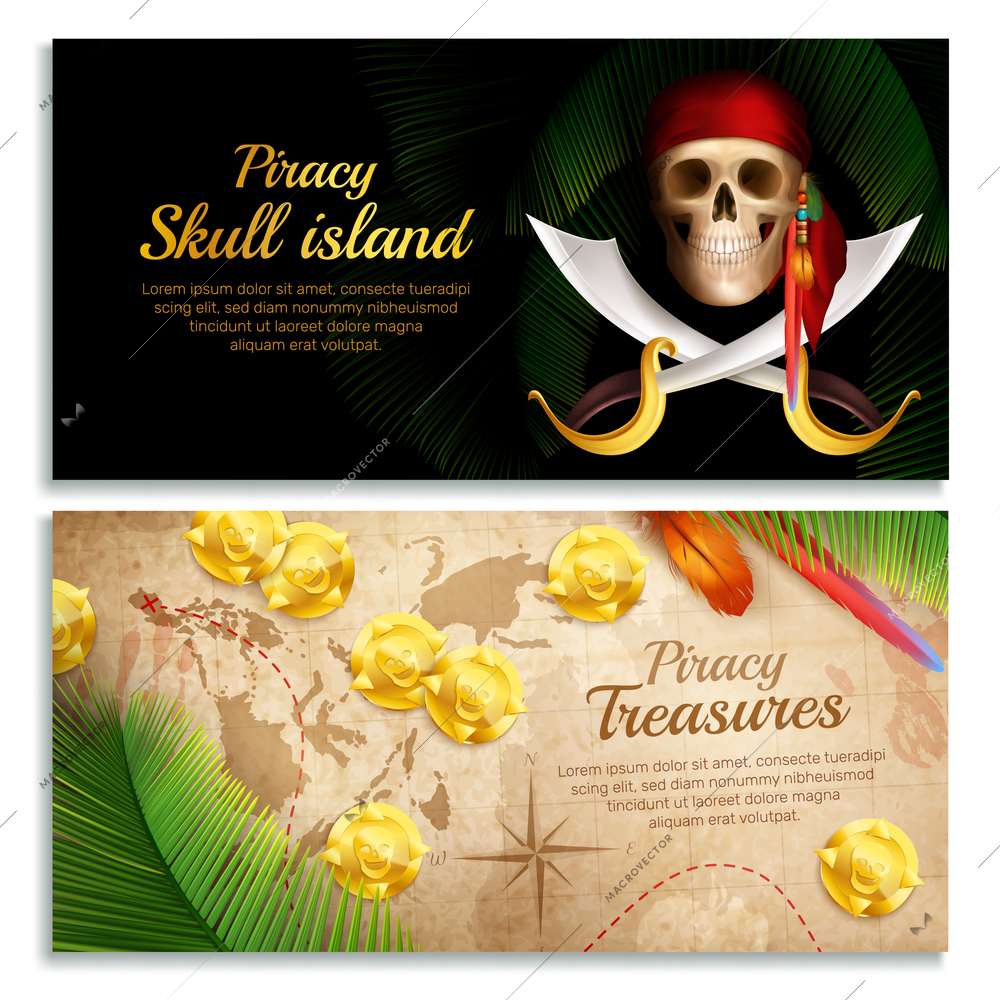 Pirate realistic horizontal banners set with treasures symbols isolated vector illustration