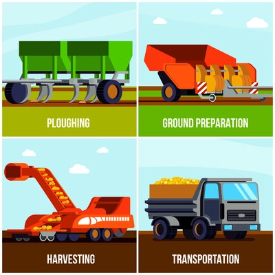 Potato production flat design concept with ploughing ground preparation harvesting and transportation isolated vector illustration