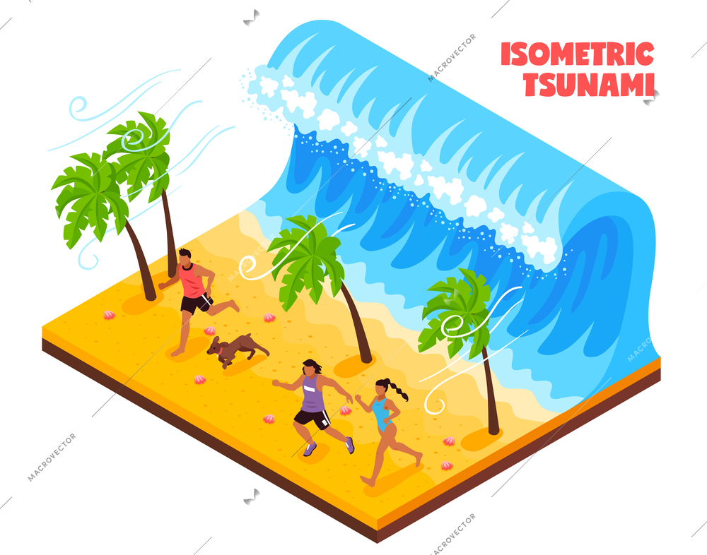 Natural disaster in south country isometric vector illustration with people and animals running from tsunami wave