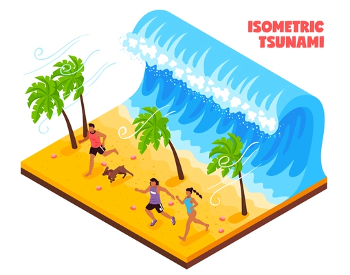 Natural disaster in south country isometric vector illustration with people and animals running from tsunami wave