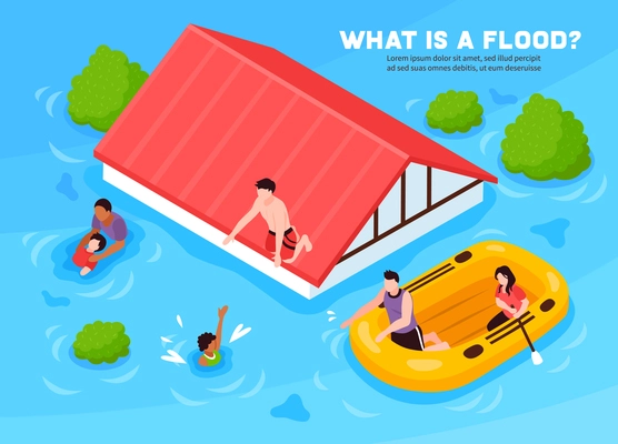 What is flood isometric poster with people leaving their  house on inflatable boat vector illustration