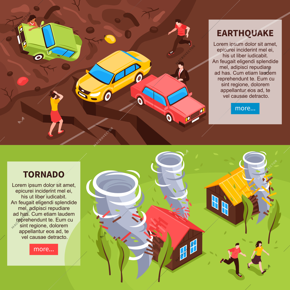 Natural disaster horizontal banners with earthquake and tornado isometric compositions vector illustration