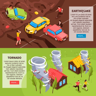 Natural disaster horizontal banners with earthquake and tornado isometric compositions vector illustration