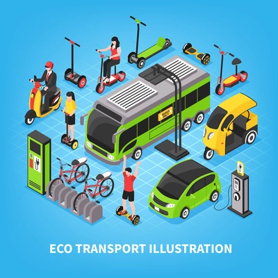 Eco transport isometric vector illustration with city bus electric cars bicycle parking people riding gyro and scooter