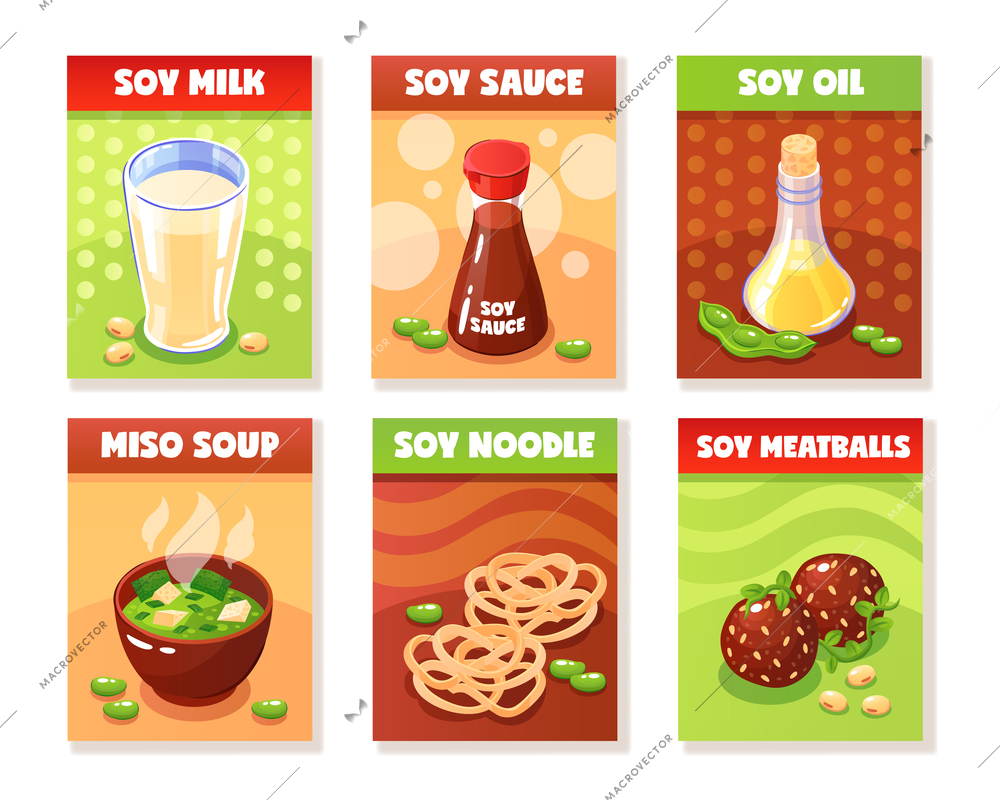 Soy food banners presenting milk sauce oil noodle meatballs miso soup products cartoon vector illustration
