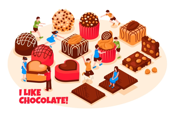 I like chocolate design concept with wide range of chocolate sweets pastry and bars isometric vector illustration