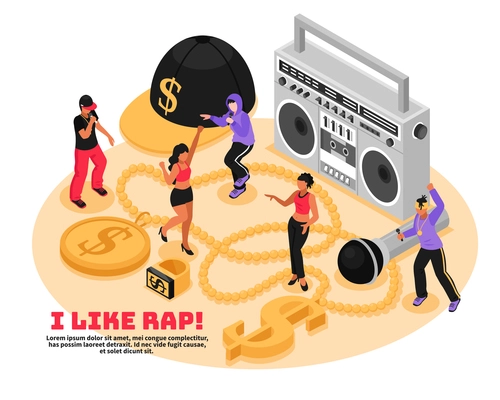 I like rap retro design concept with cassette player microphone singing and dancing teens isometric vector illustration
