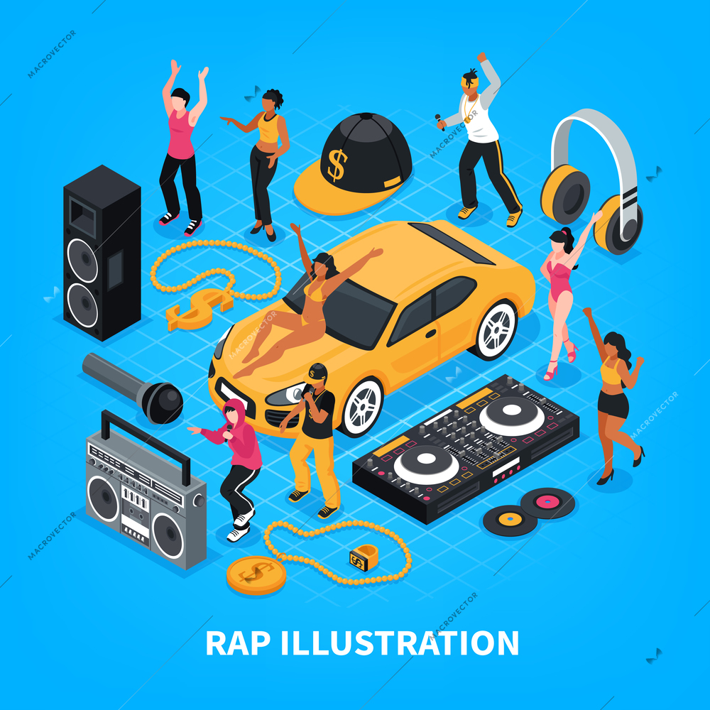 Rap isometric vector illustration with singers performers sound amplifier headphones radio tape recorder decorative signs