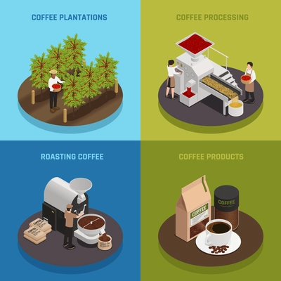 Coffee industry production isometric 2x2 design concept with text captions and image compositions of coffee production vector illustration