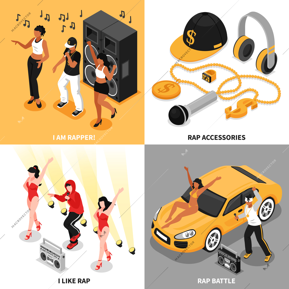 Rap 2x2 design concept set of singing rappers music accessories rap battle and fans square compositions isometric vector illustration