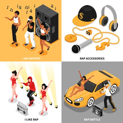 Rap 2x2 design concept set of singing rappers music accessories rap battle and fans square compositions isometric vector illustration