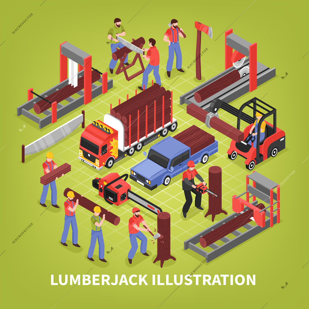 Lumberjack isometric vector illustration with sawmill workers and special trucks for timber transportation