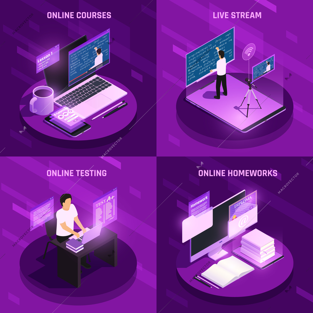 Online education glow isometric 2x2 design concept with futuristic computers courses and homeworks with text captions vector illustration