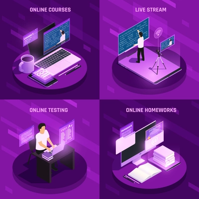 Online education glow isometric 2x2 design concept with futuristic computers courses and homeworks with text captions vector illustration