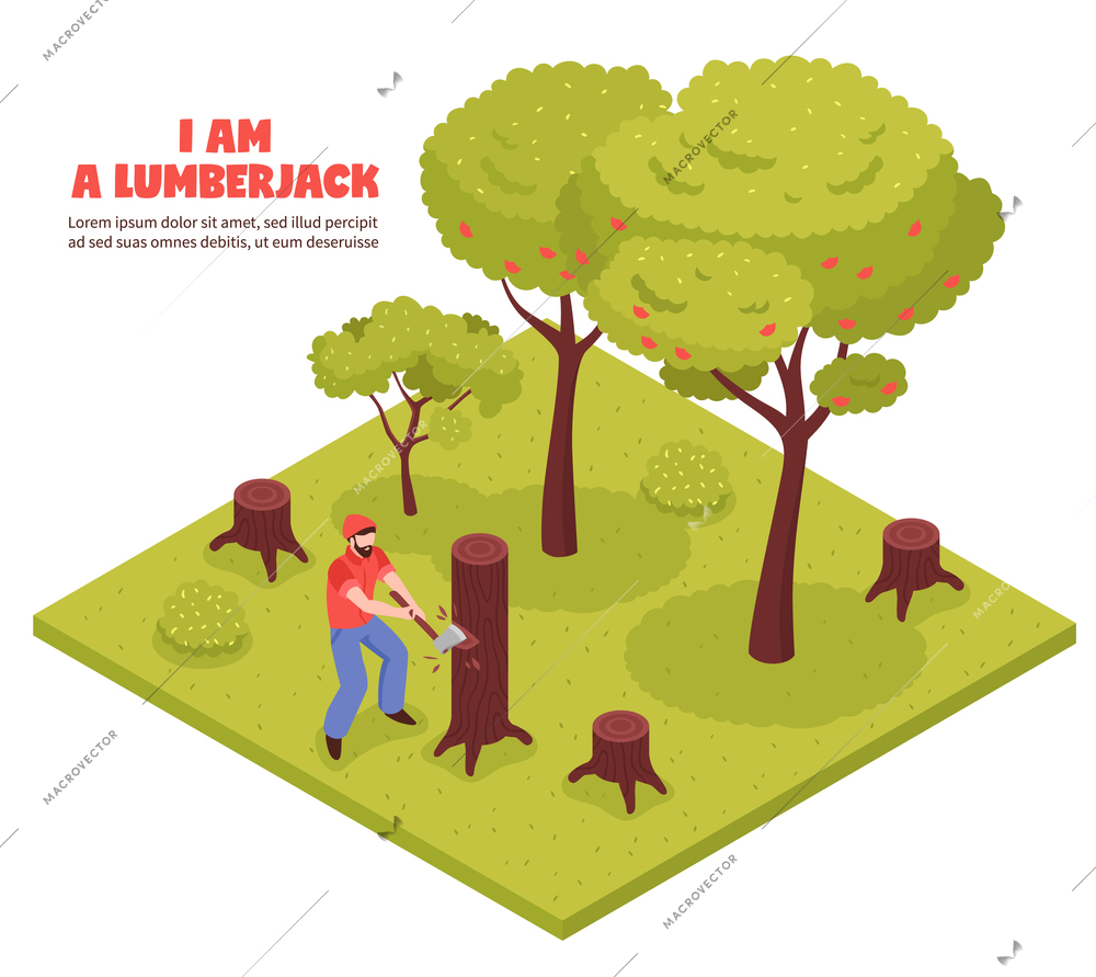 Lumberjack isometric composition with woodcutter chopping trees in forest with hand axe vector illustration