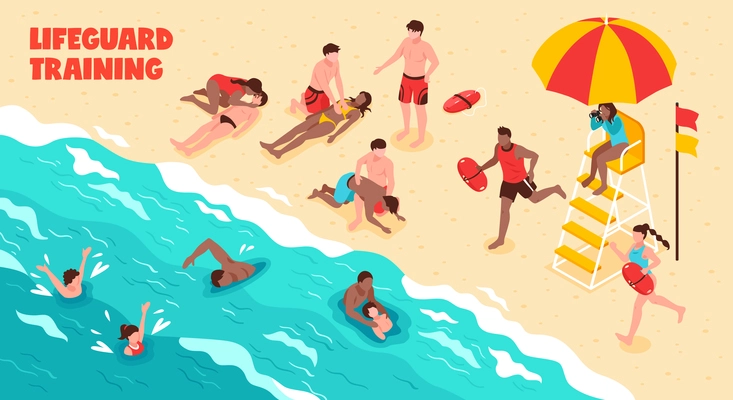 Lifeguard training horizontal vector illustration showing watching people who swim and saving drowning in water and on beach