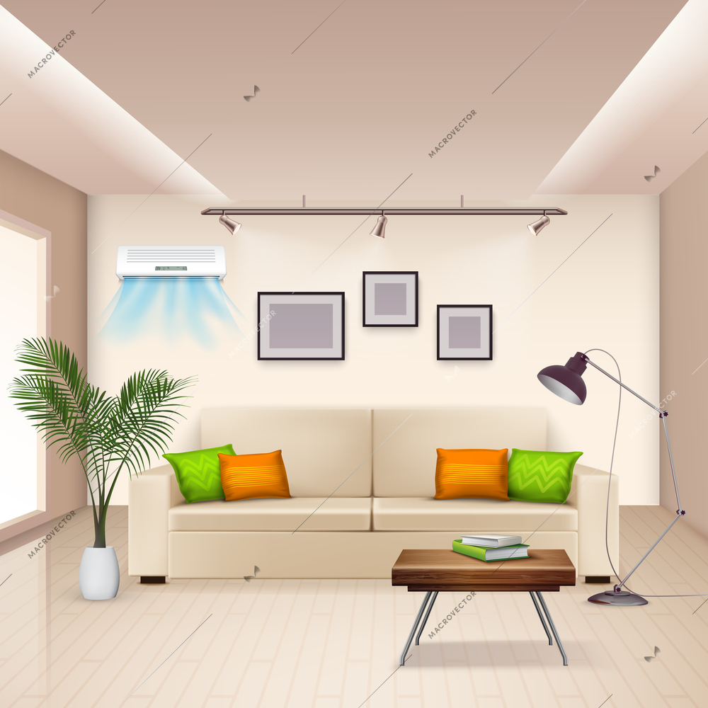 Realistic background with furnished room and modern air conditioner on wall vector illustration