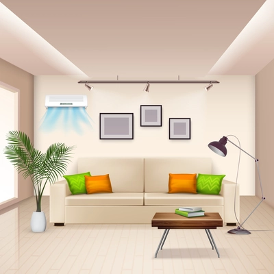 Realistic background with furnished room and modern air conditioner on wall vector illustration