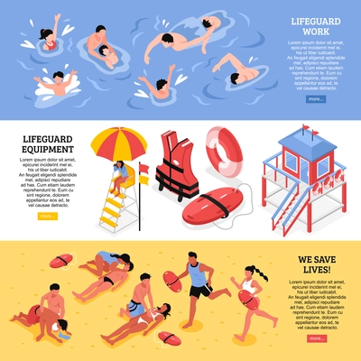 Beach lifeguards horizontal banners  illustrated lifeguard work equipment and rescue accessories isometric vector illustration