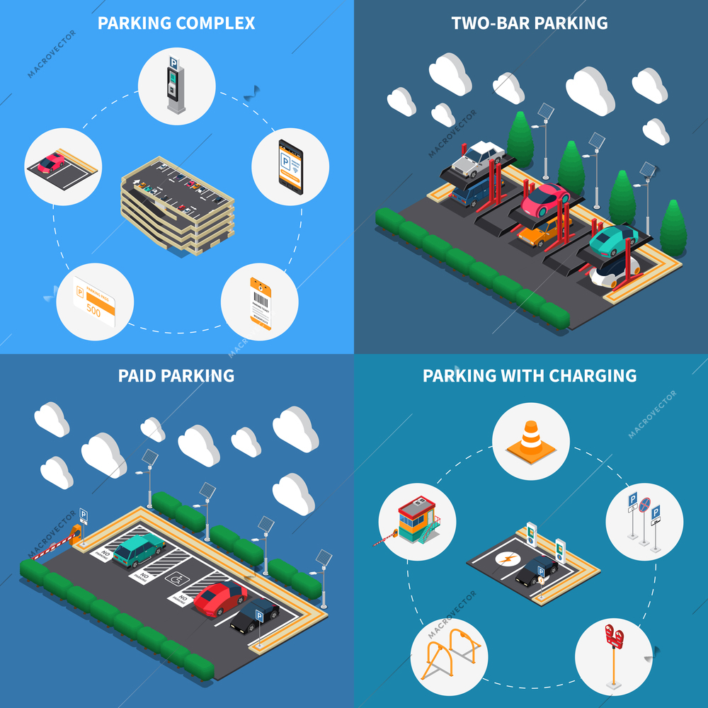 Parking lots facilities concept 4 isometric compositions icons square with charging stalls multi level complex vector illustration