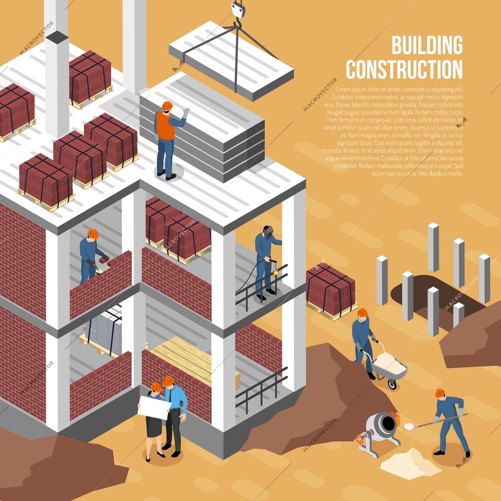 Isometric builder architect background composition with images of building under construction human characters and editable text vector illustration