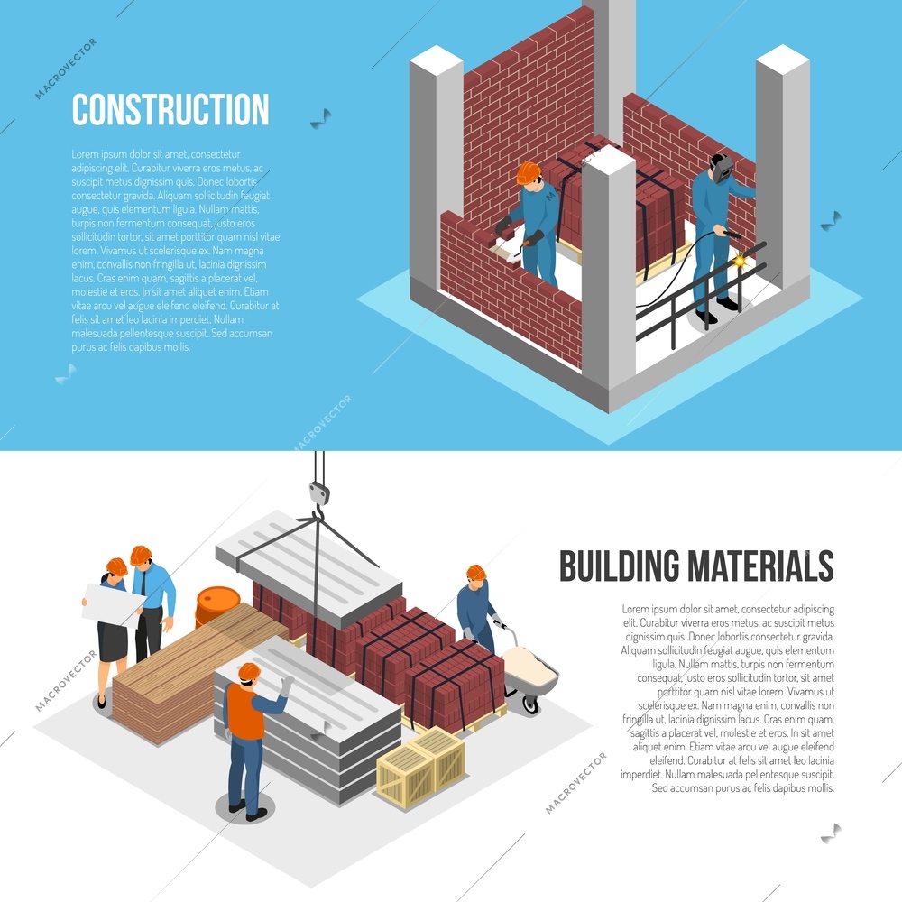 Set of two horizontal isometric builder architect banners with images of constructor characters and editable text vector illustration