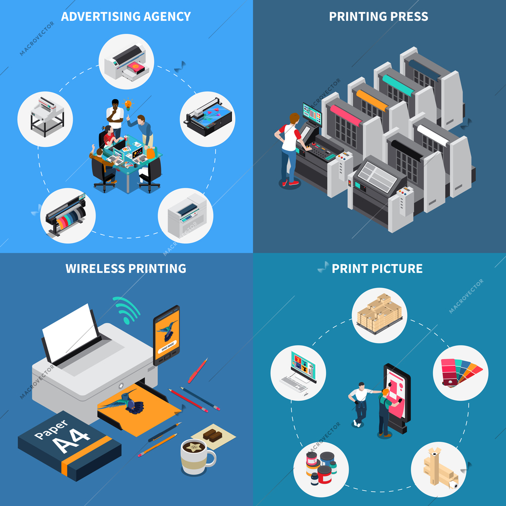 Advertising agency printing house concept 4 isometric compositions with digital technology creating pictures press device vector illustration