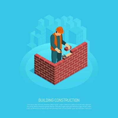 Isometric builder architect with editable text human character of worker and image of brickwall under construction vector illustration