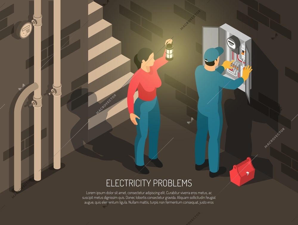 Isometric electrician horizontal background with indoor basement composition human characters of worker and host with text vector illustration