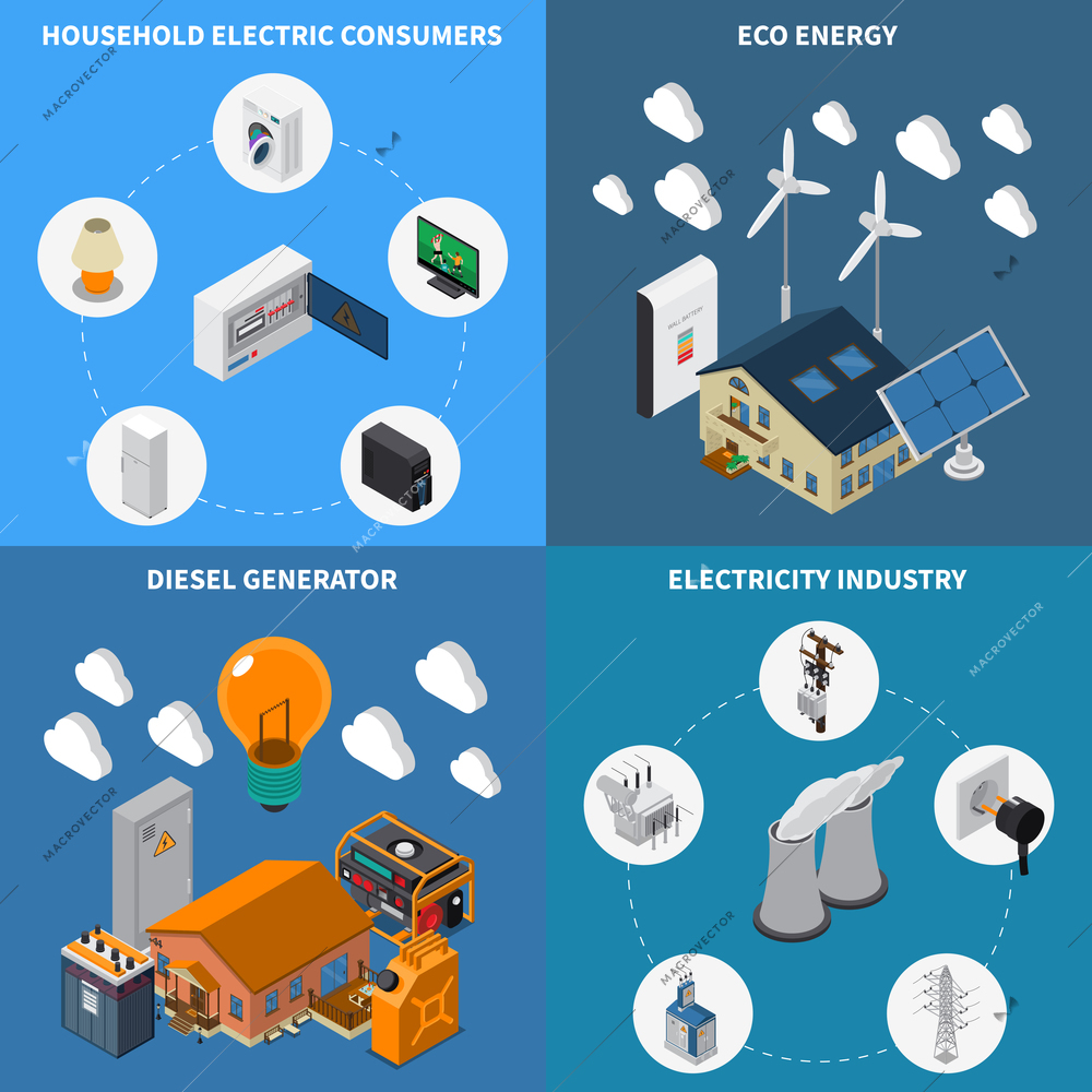 Electricity household consumption supply eco energy and diesel power industrial generators concept 4 isometric compositions vector illustration