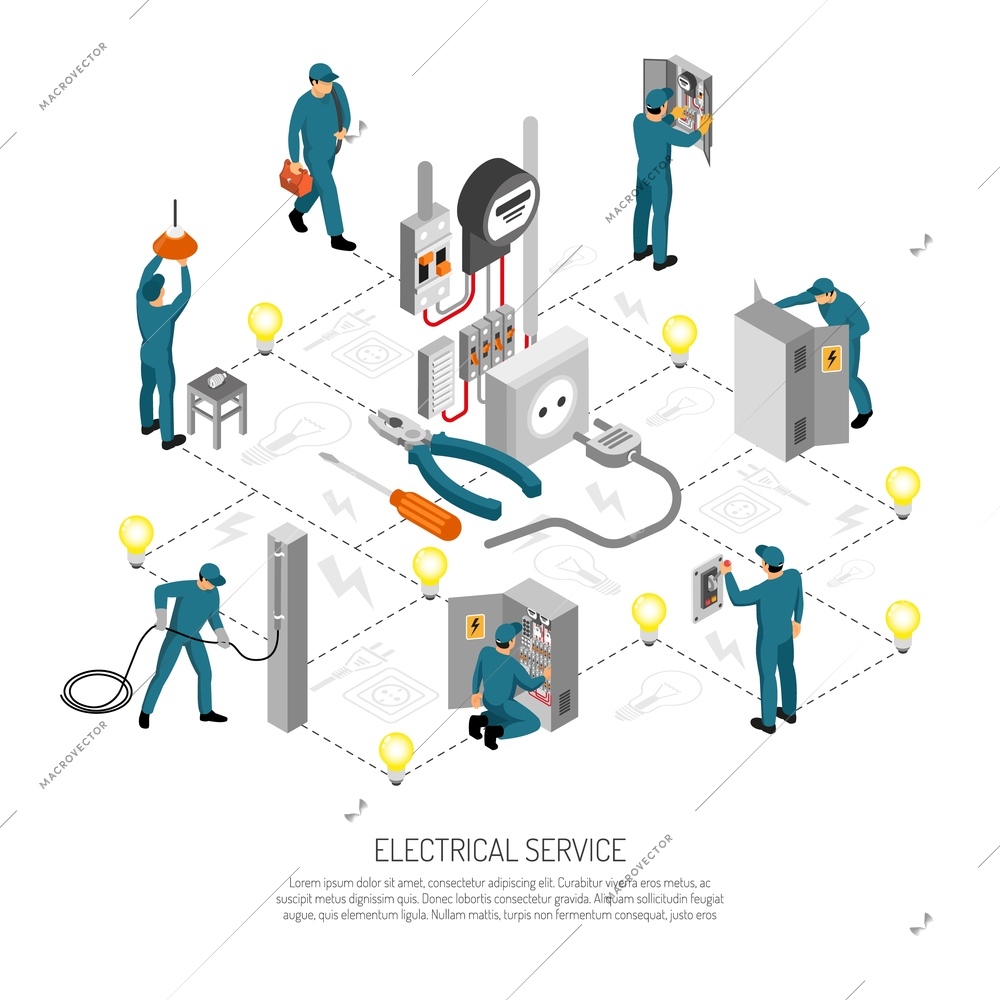 Isometric electrician composition with editable text lines icons and isolated images of linesmen doing various works vector illustration