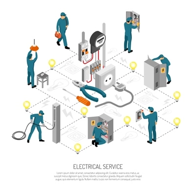 Isometric electrician composition with editable text lines icons and isolated images of linesmen doing various works vector illustration