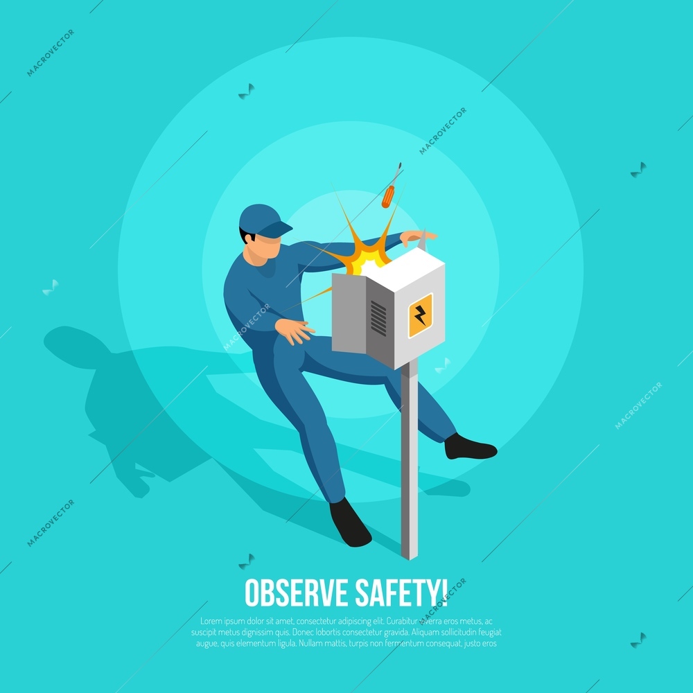 Isometric electrician background with flat character of lineman in uniform electric power panel and editable text vector illustration