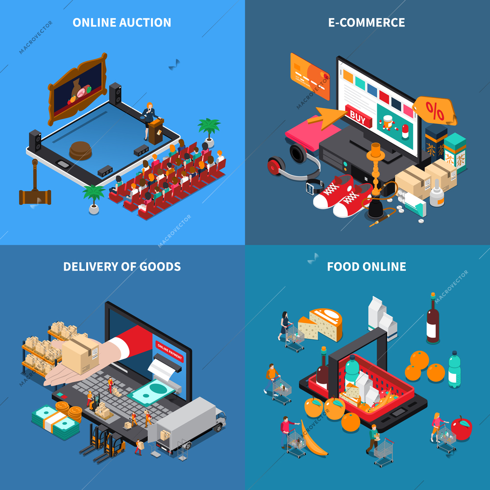 Mobile shopping e-commerce concept 4 isometric compositions with online food auction goods purchase delivery vector illustration