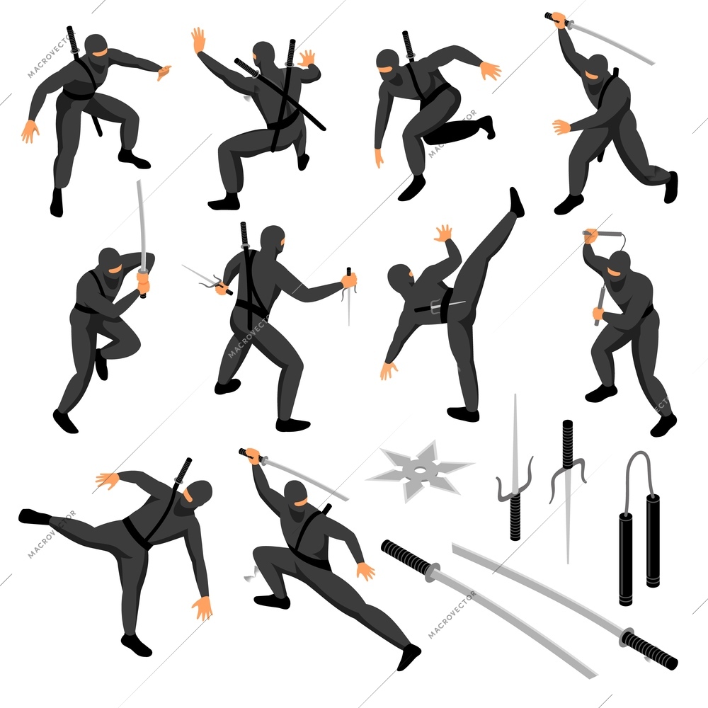 Isometric ninja set of isolated icons with human characters of warrior in vatious poses with weapons vector illustration