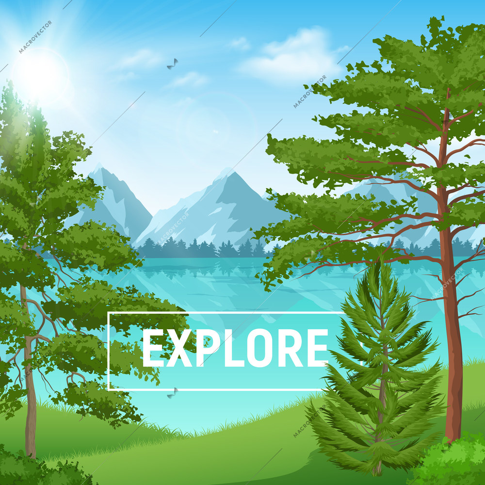 Sunny summer landscape with realistic pine forest on mountain lake background vector illustration