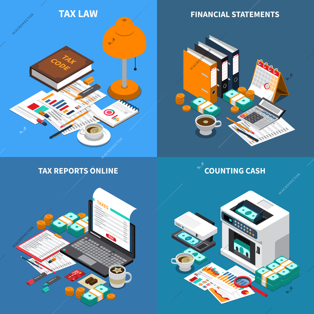 Accounting tax 4 isometric compositions concept with financial statements reports online and cash counting machine vector illustration