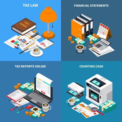 Accounting tax 4 isometric compositions concept with financial statements reports online and cash counting machine vector illustration