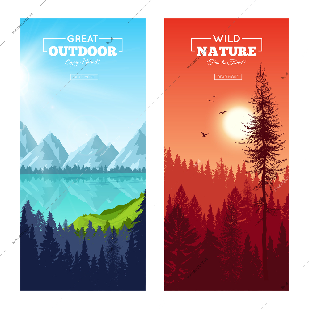 Set of vertical banners with realistic pine forest near mountain lake and at sunset isolated vector illustration