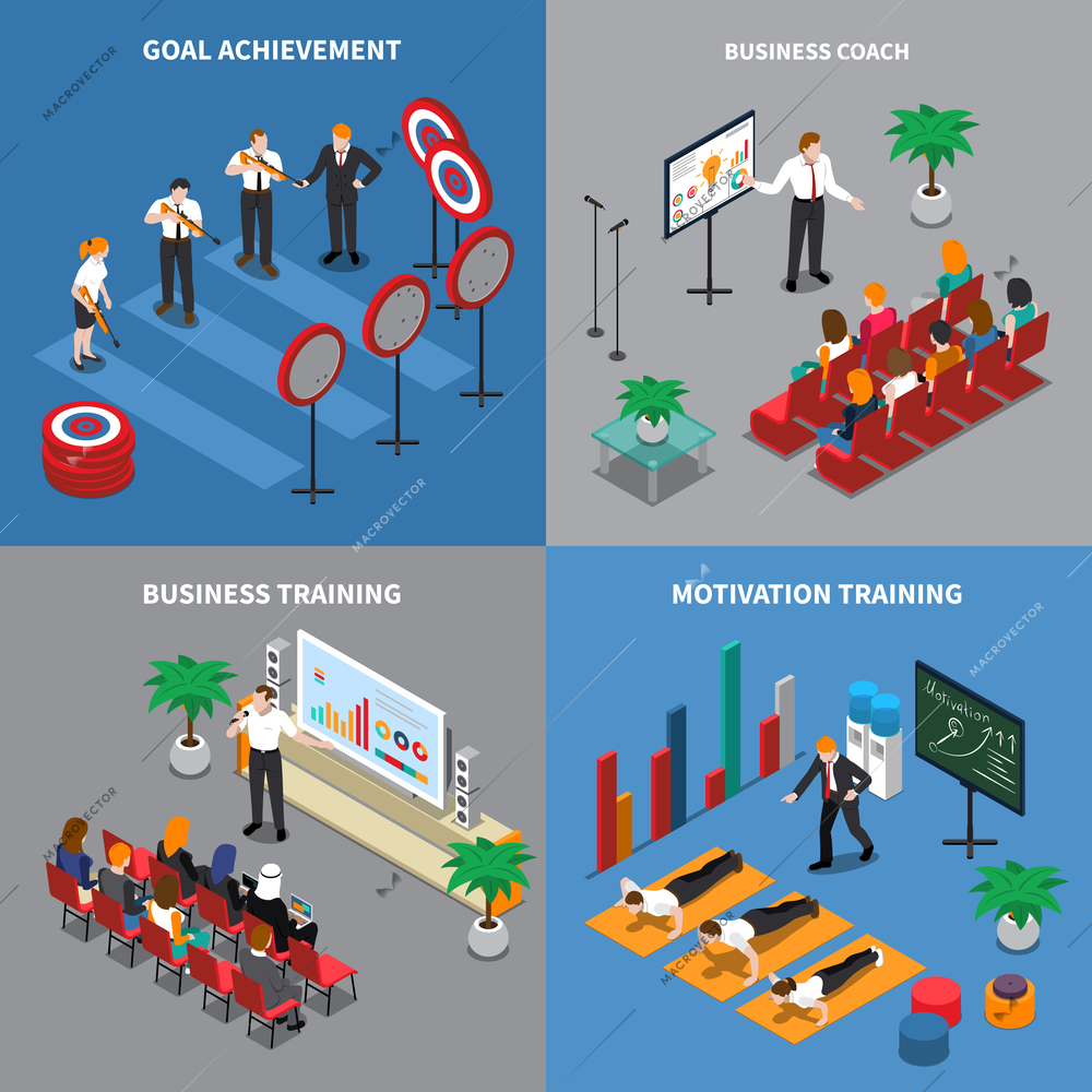 Business coaching concept 4 isometric compositions with motivation confidence communication skills training goals setting achieving vector illustration