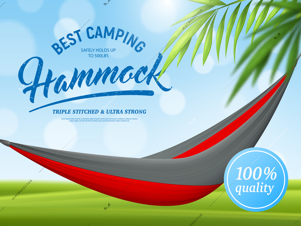 Realistic hammock and palm branch advertising poster on green blue background with bokeh effect vector illustration